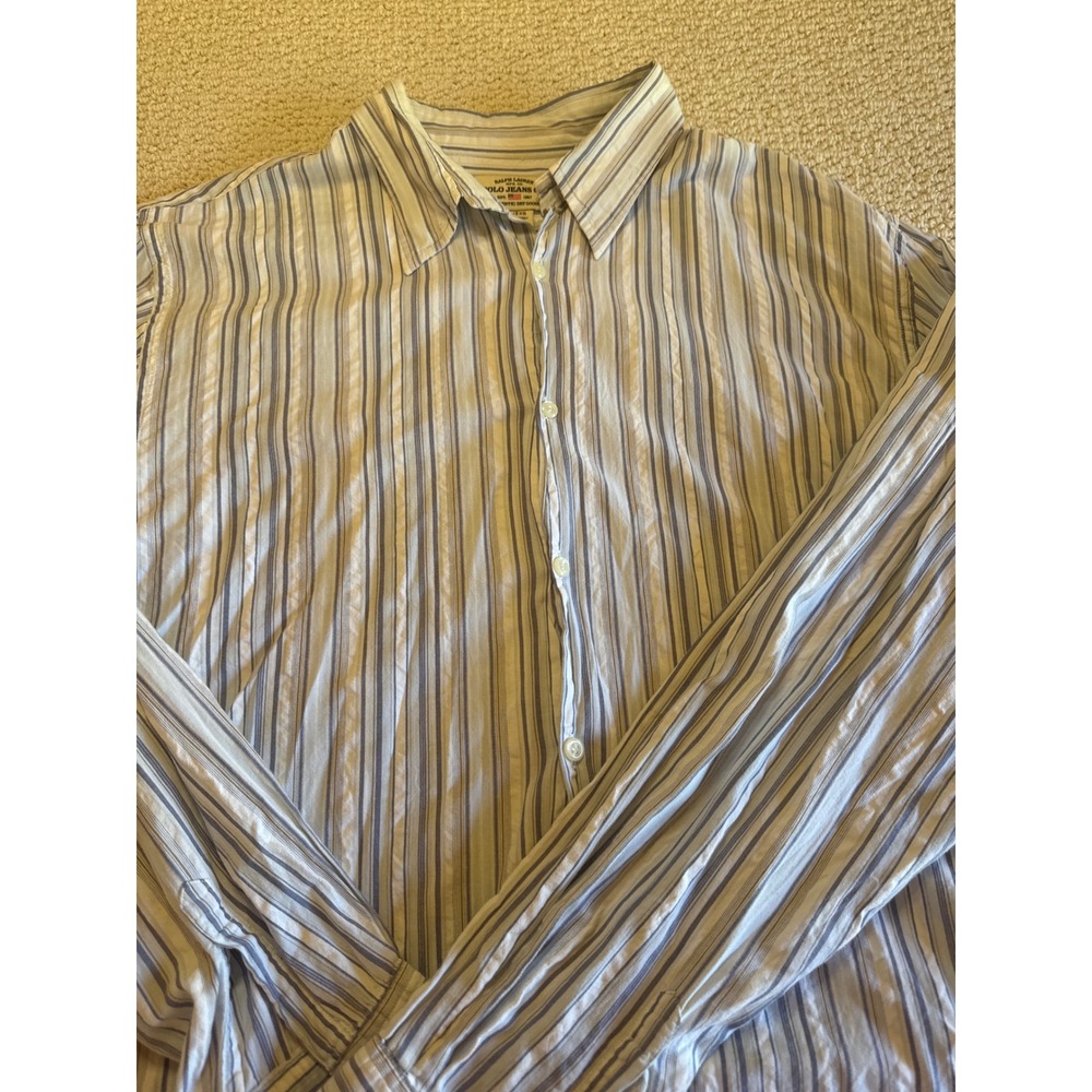 Polo Jeans Co Ralph Lauren Striped Button Down Shirt Blue Tan White XL Vintage